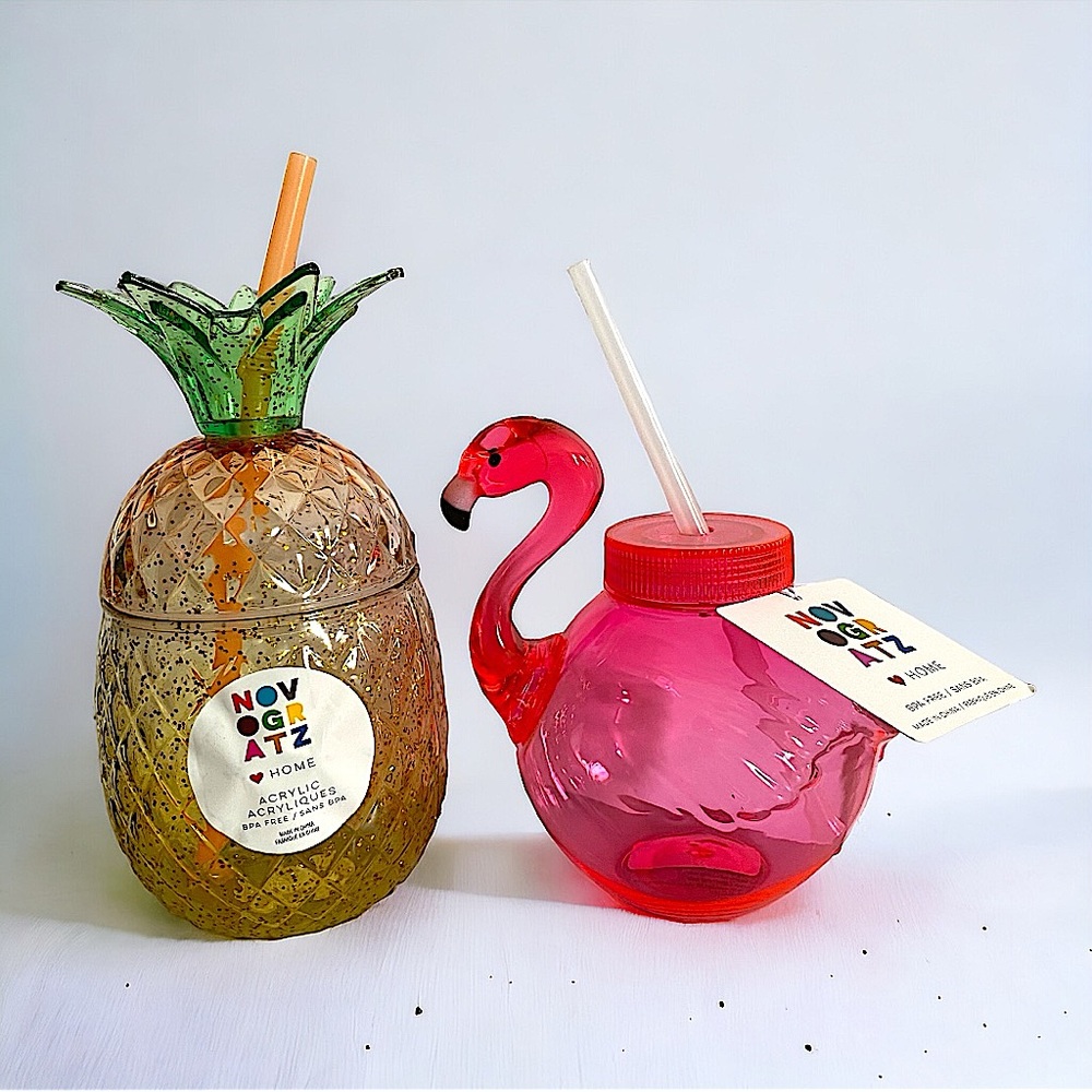 NOVOGRATZ HOME - Pinapple & Flamingo Acrylic Summer Tumbler Cups with Straw